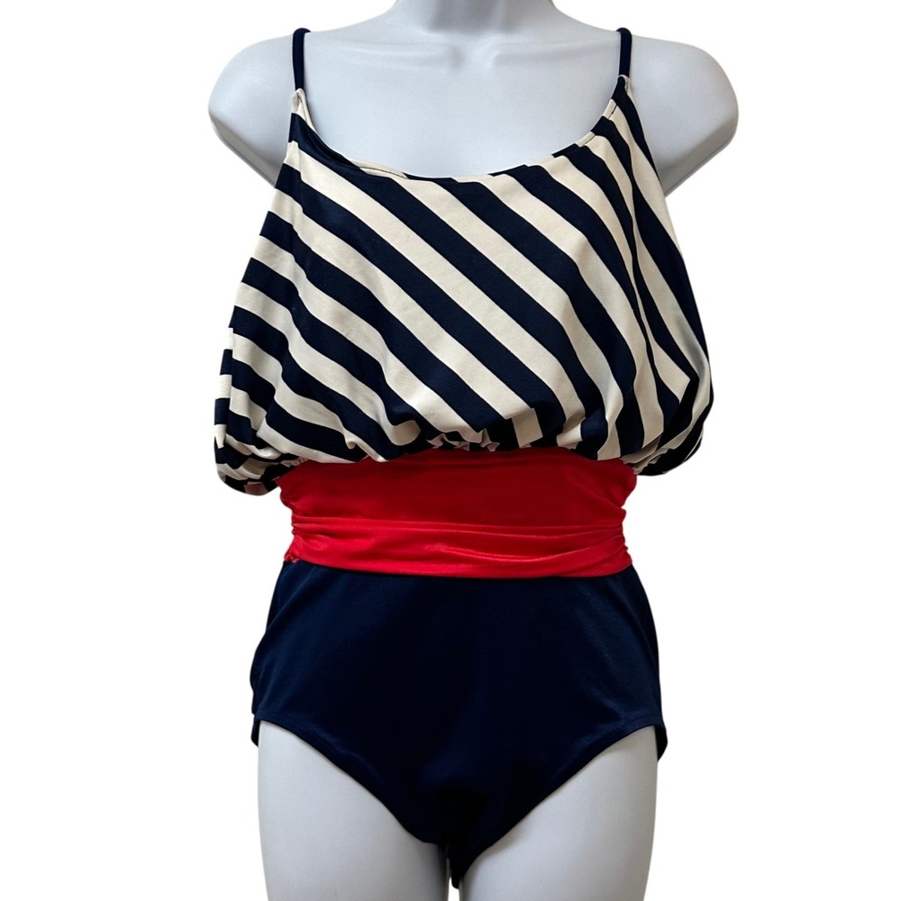 Sirena Vintage Nautical Striped One Piece Swimsuit Navy Red White Size 12 2579